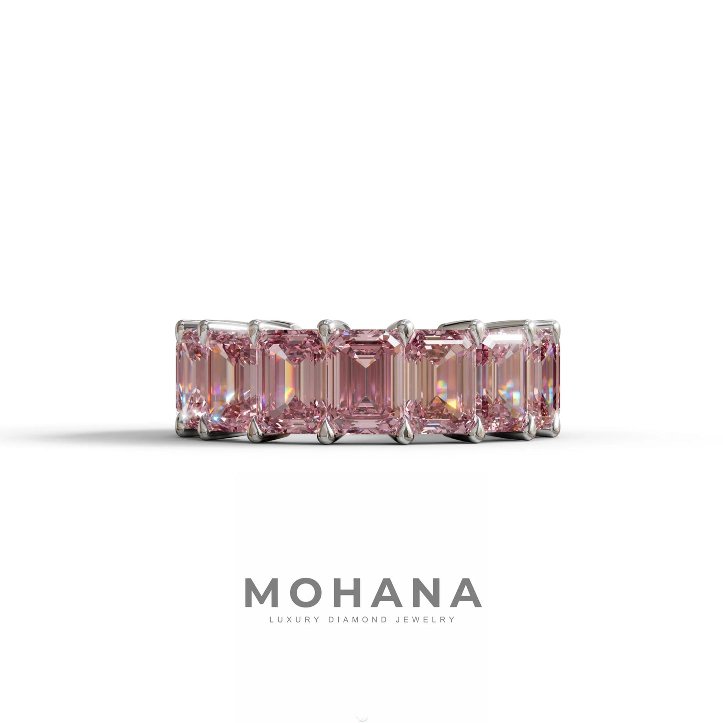 Lab‑Grown Pink Emerald‑Cut Diamond Band – Classic Full‑Eternity Style - 10K Solid Gold / White Gold