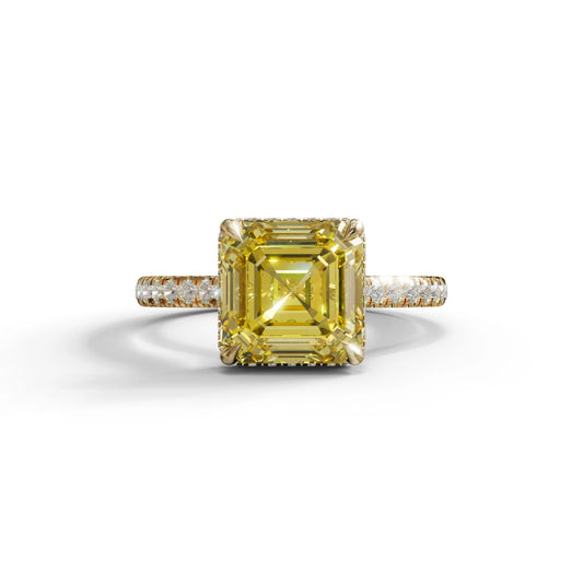 3.5 Carat Yellow Asscher‑Cut Lab Diamond Engagement Ring with Halo and Pavé Accents - 10K Solid Gold / Yellow Gold