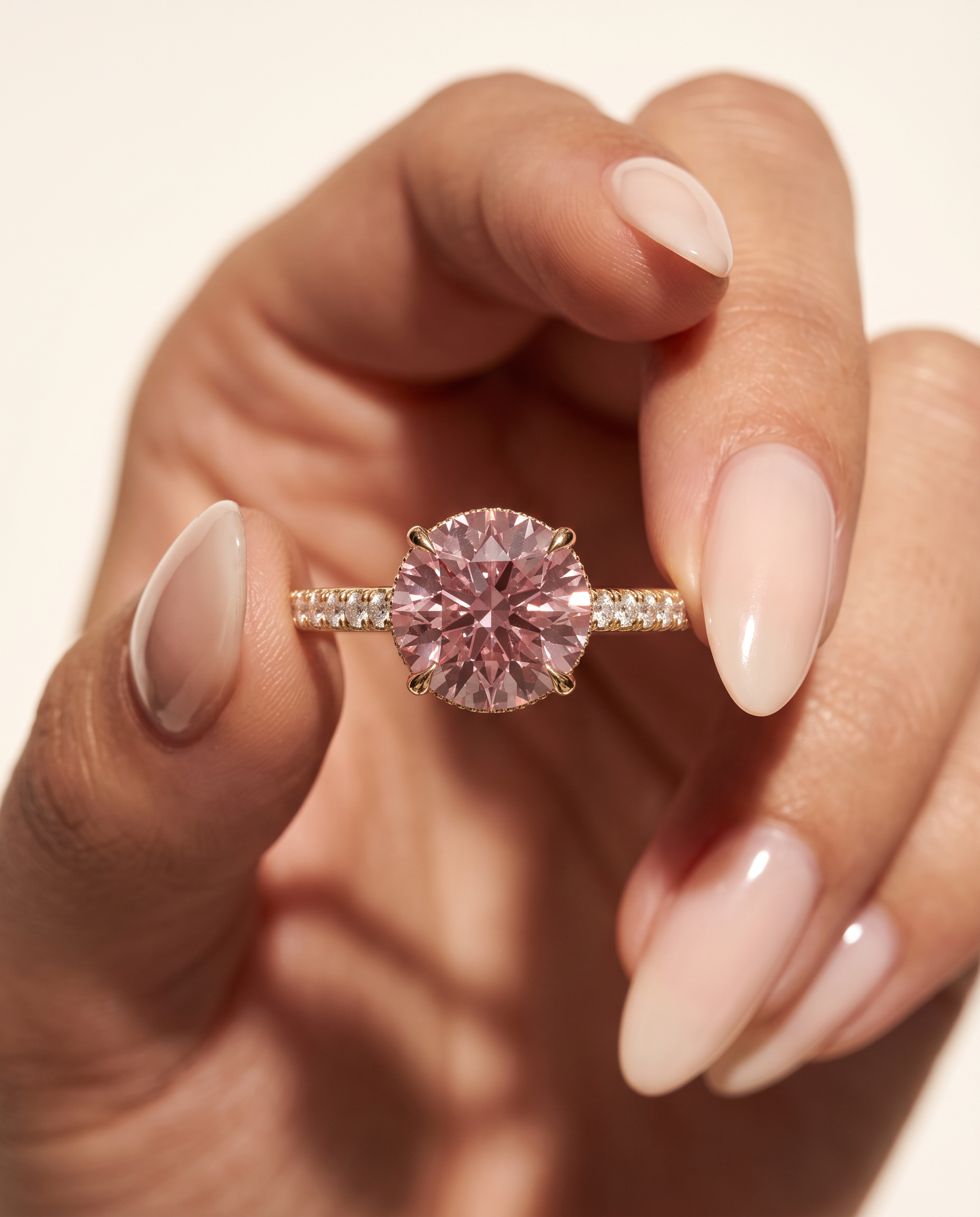 2 to 6 Carat Pink Lab Grown Diamond Engagement Ring – Round Cut Hidden Halo | Liora