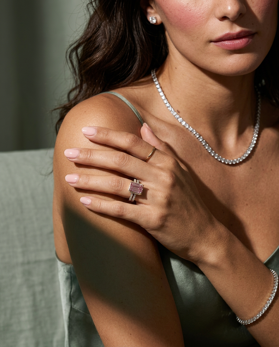 2.5 Carat Pink Lab Grown Diamond Engagement Ring – Emerald Cut Hidden Halo | Siena - Engagement Ring