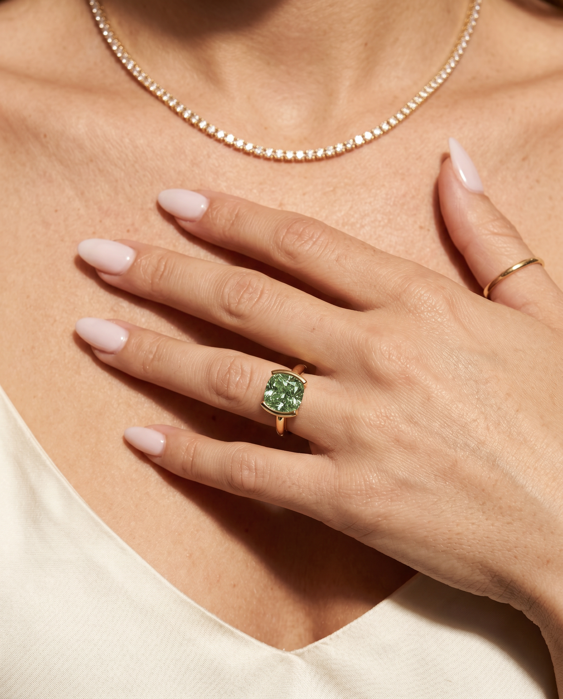 2 Carat Green Lab Grown Diamond Engagement Ring – Cushion Cut Bezel - Engagement Ring