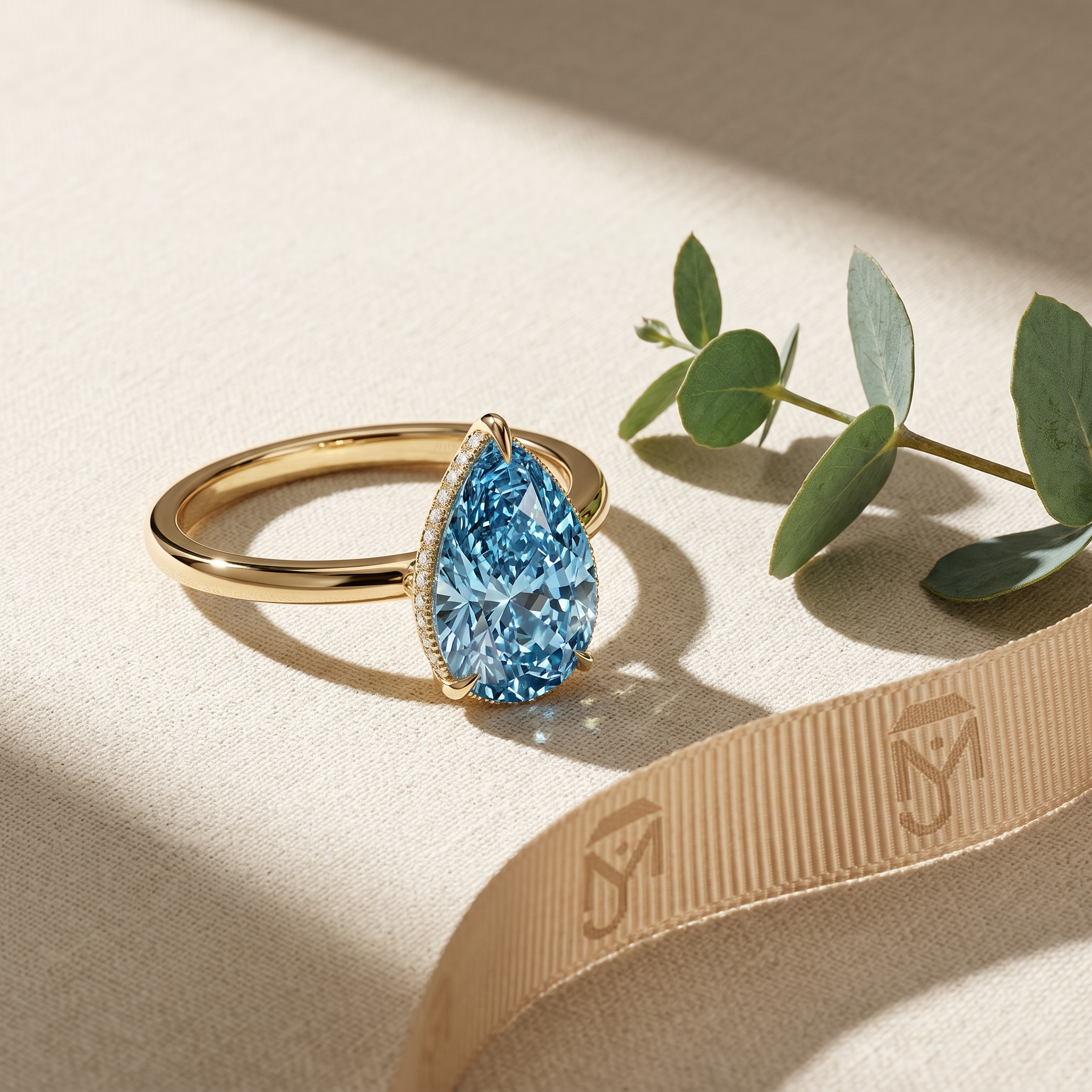 3.5 Carat Blue Lab Grown Diamond Engagement Ring – Pear Cut Hidden Halo - Engagement Ring