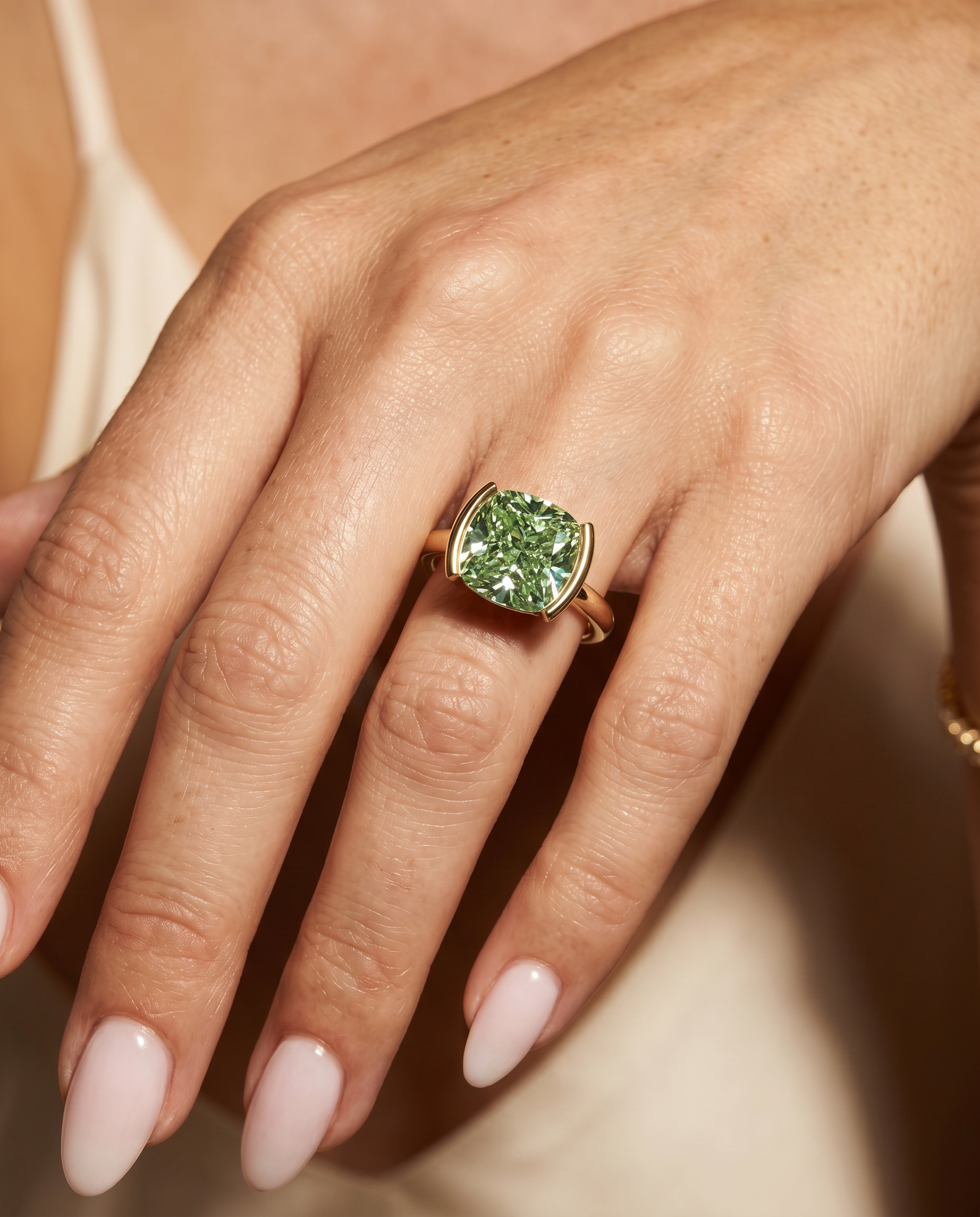 2 Carat Green Lab Grown Diamond Engagement Ring – Cushion Cut Bezel - Engagement Ring