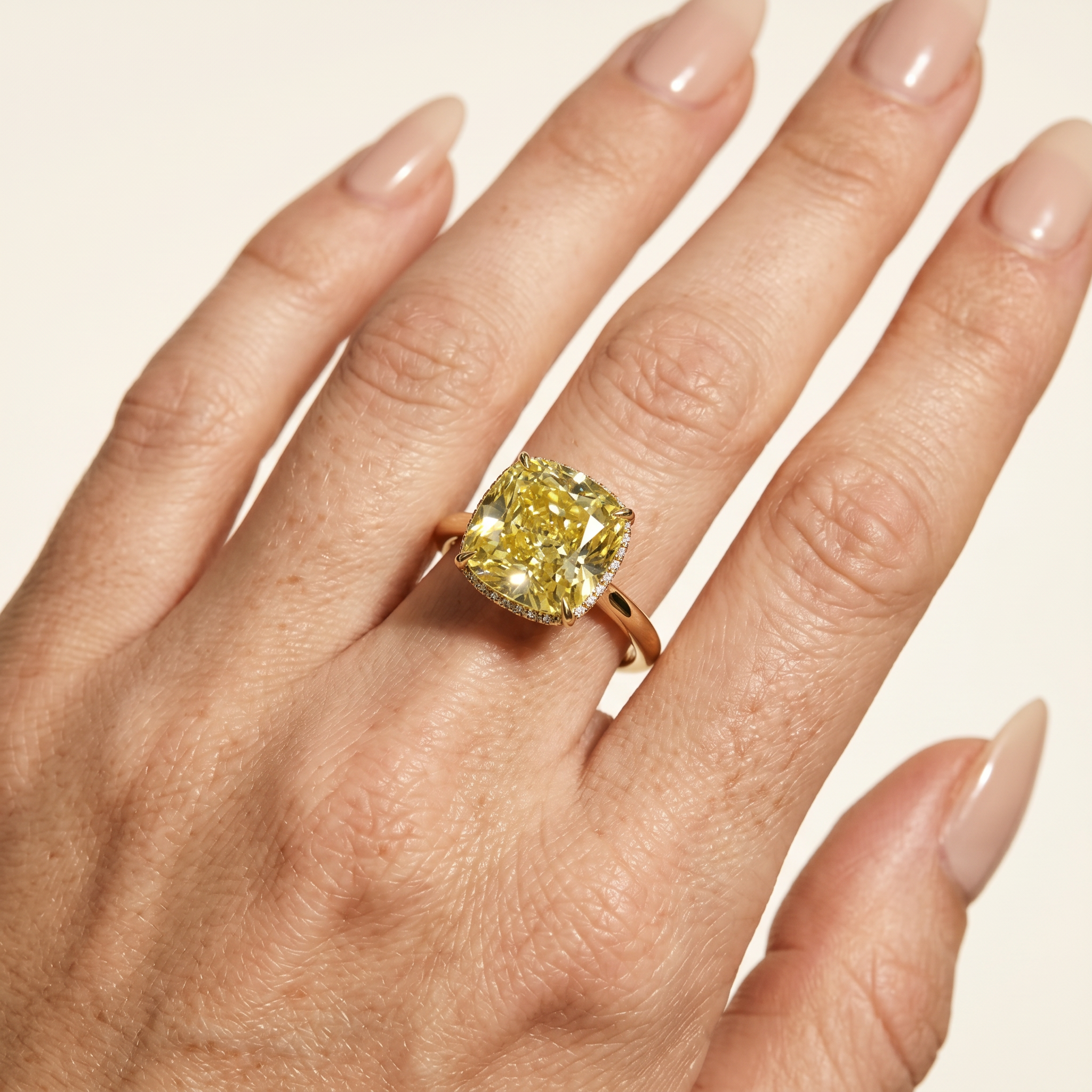 3 Carat Yellow Lab Grown Diamond Engagement Ring – Cushion Cut Hidden Halo - Engagement Ring