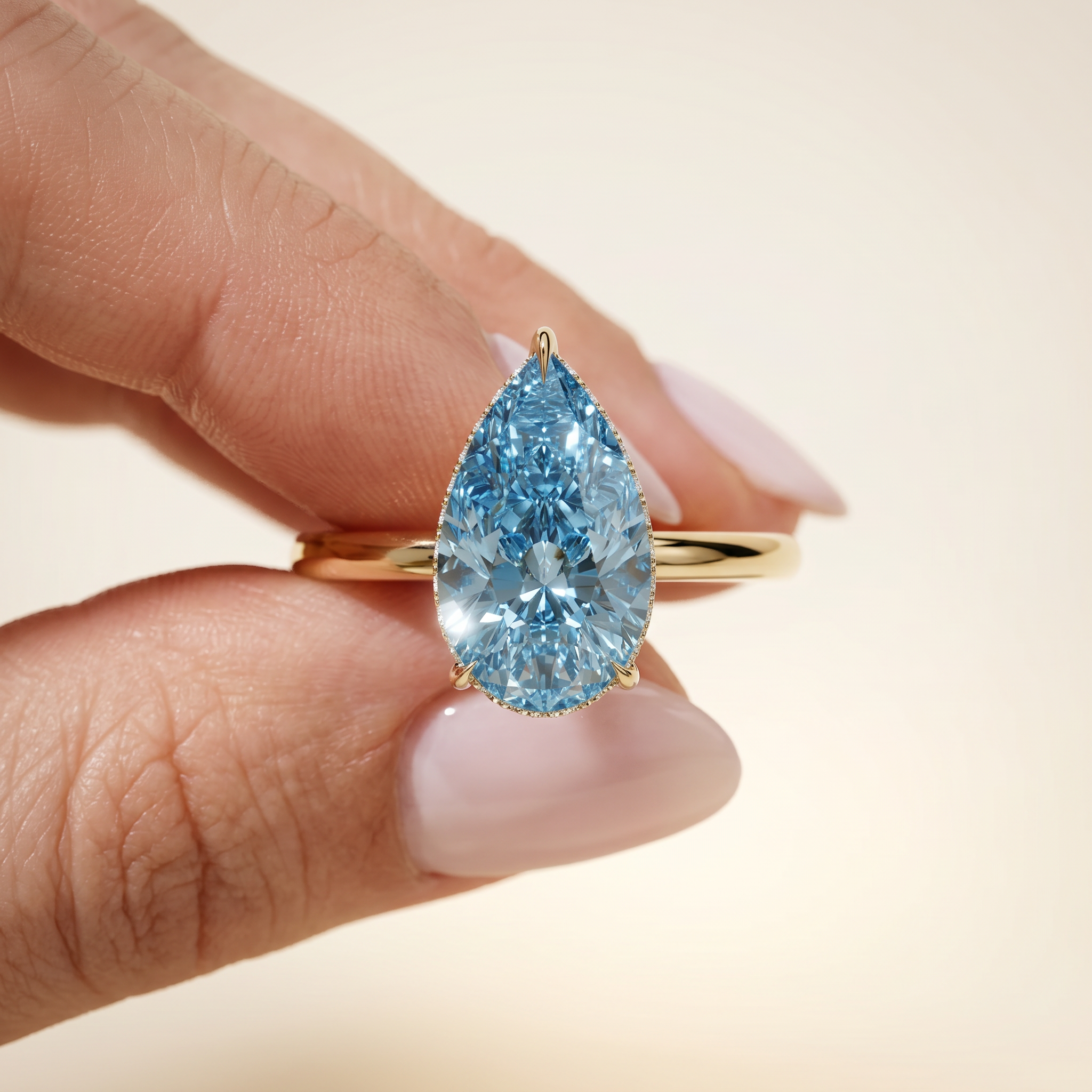 3.5 Carat Blue Lab Grown Diamond Engagement Ring – Pear Cut Hidden Halo - Engagement Ring