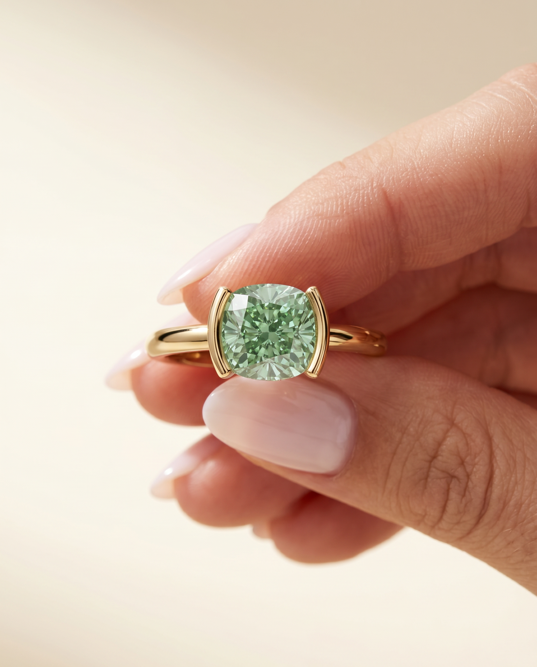 2 Carat Green Lab Grown Diamond Engagement Ring – Cushion Cut Bezel - Engagement Ring