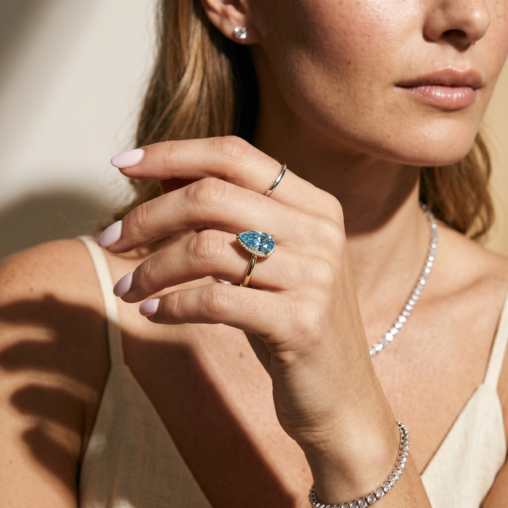 3.5 Carat Blue Lab Grown Diamond Engagement Ring – Pear Cut Hidden Halo - Engagement Ring