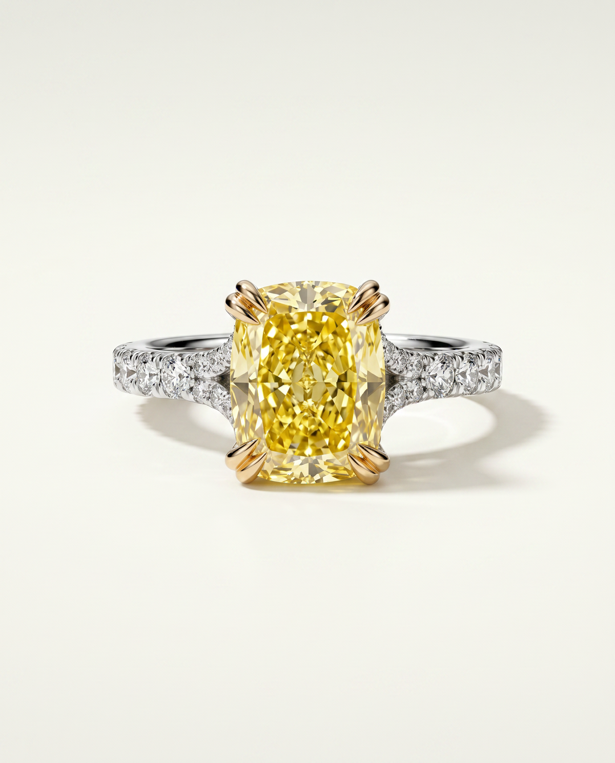 3 Carat Fancy Vivid Yellow Cushion Cut Two-Tone Pavé Diamond Ring — view 4