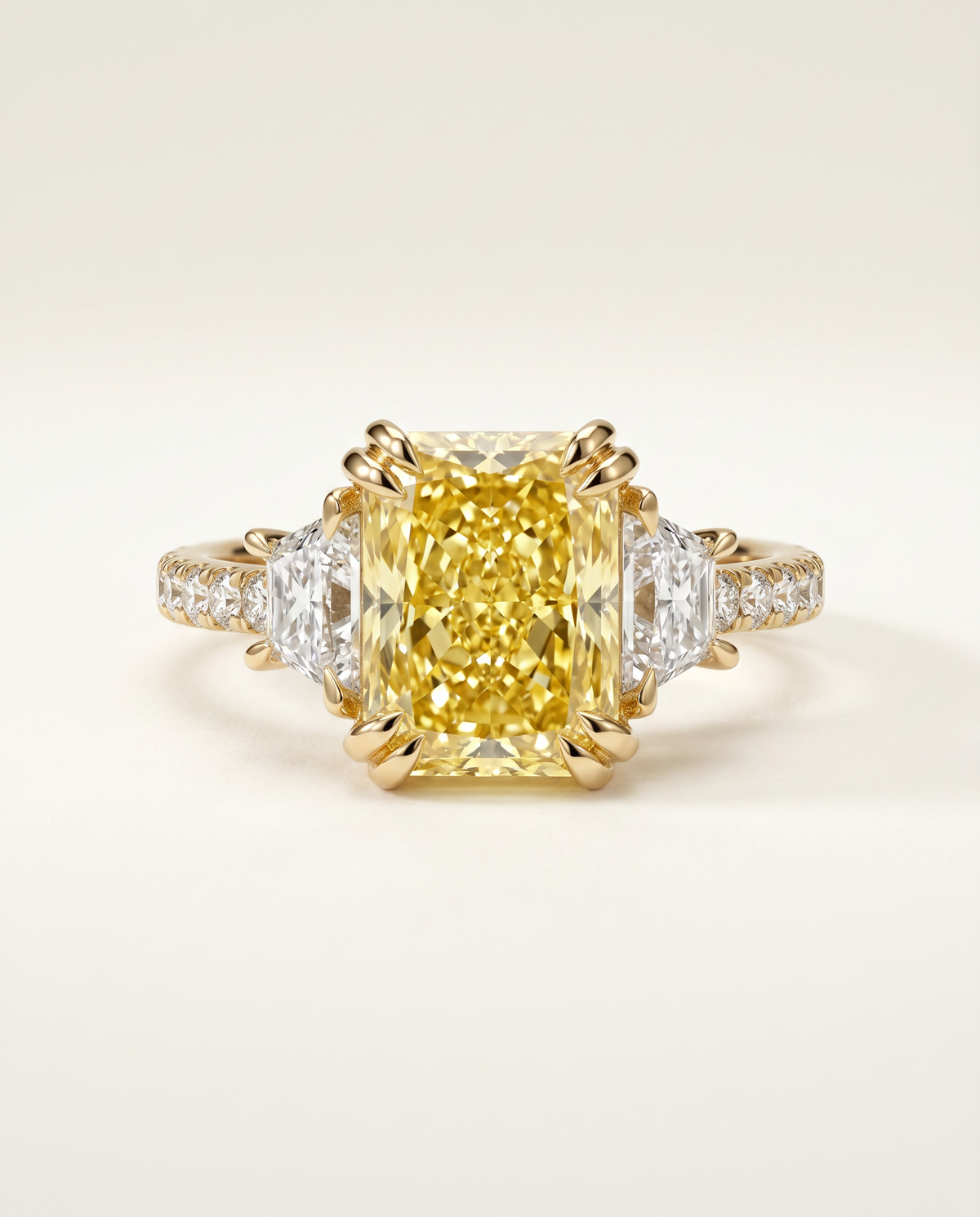 4.5 Carat Fancy Vivid Yellow Radiant Cut Three-Stone Trapezoid Diamond Ring — view 5