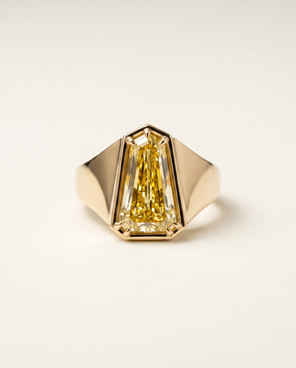 5.7 Carat Fancy Yellow Heptagonal Step-Cut Bezel Yellow Gold Diamond Ring — view 5