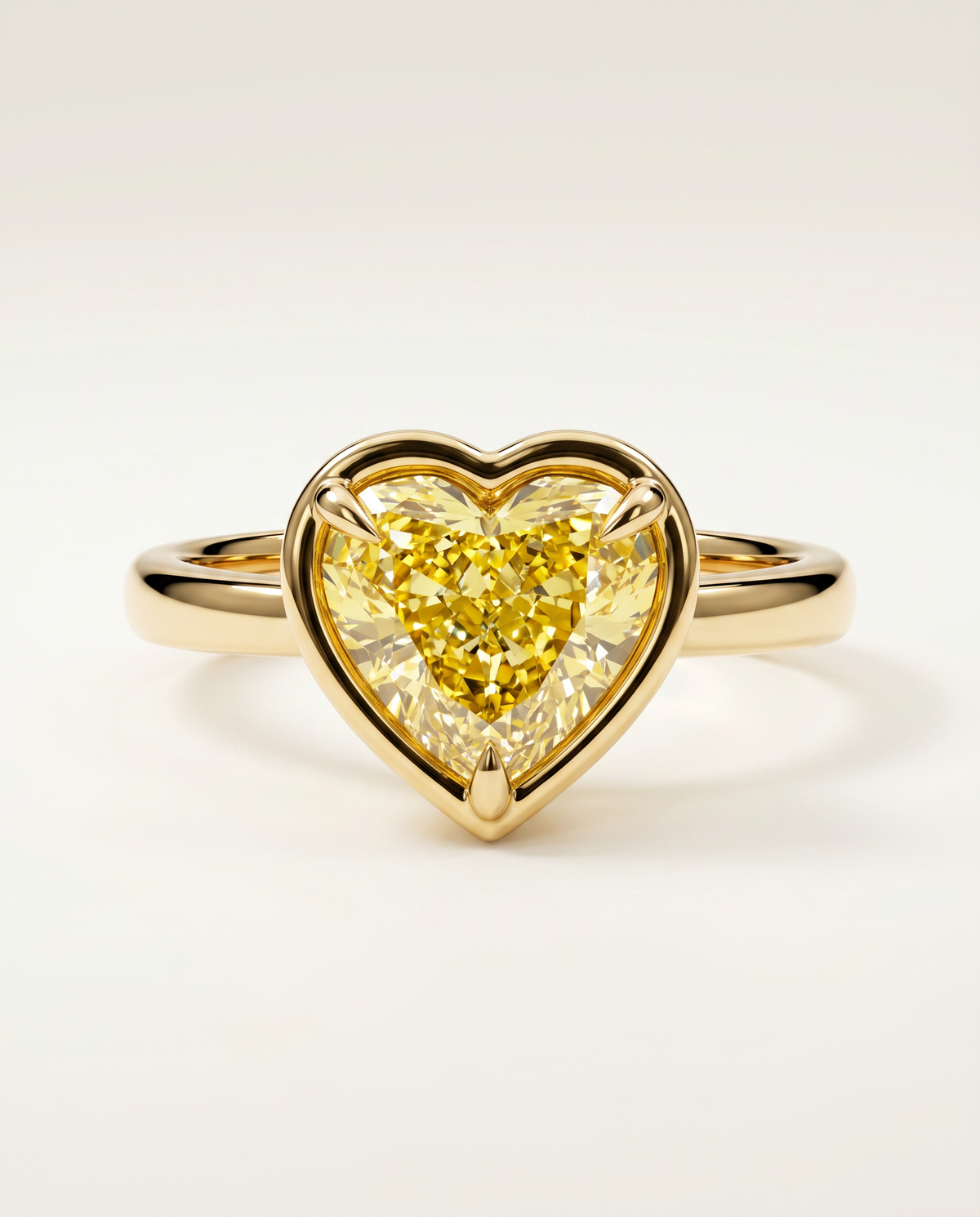 4 Carat Fancy Intense Yellow Heart Cut Bezel Solitaire Yellow Gold Diamond Ring — view 4
