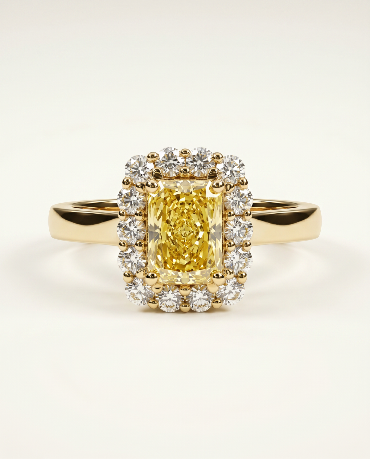 1 Carat Fancy Intense Yellow Radiant Cut Halo Yellow Gold Diamond Ring — view 5