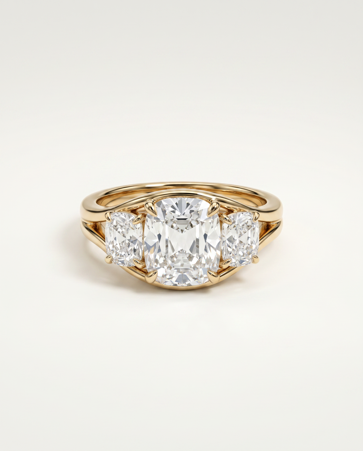 3 Carat Colorless Old Mine Cut Three-Stone Yellow Gold Diamond Ring — view 1