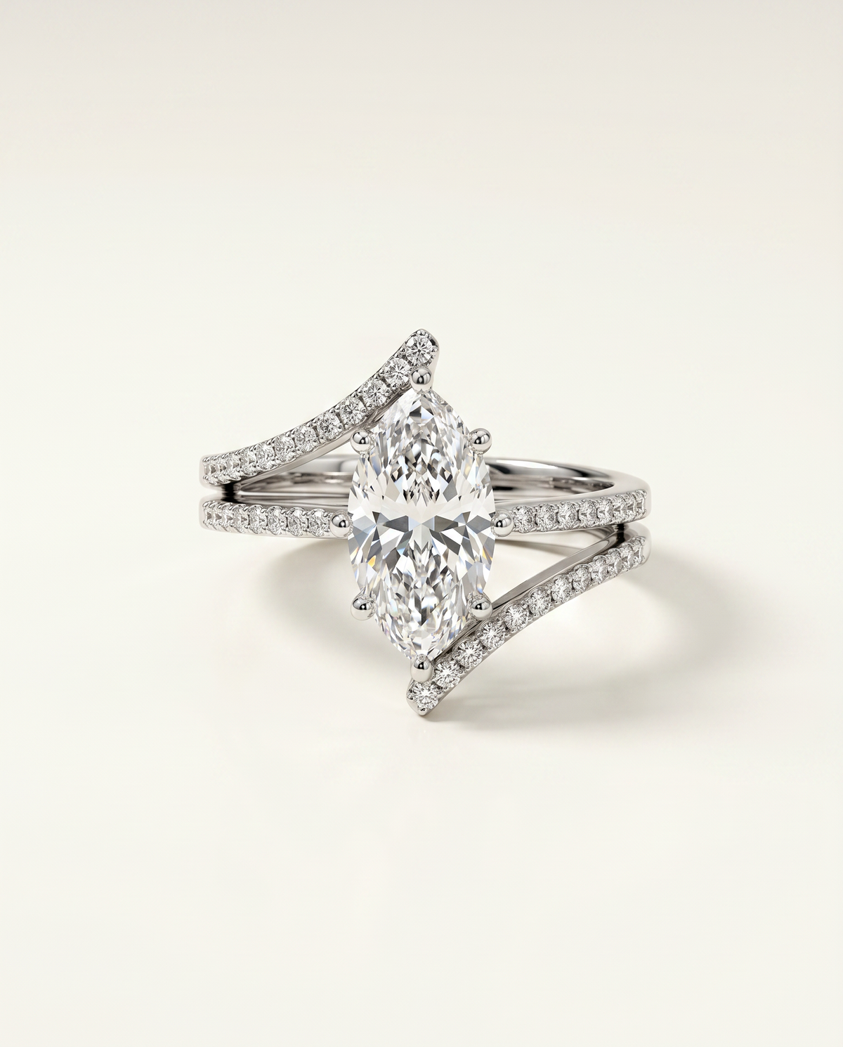 2 Carat Colorless Marquise Cut Pavé Split Shank White Gold Diamond Ring — view 1
