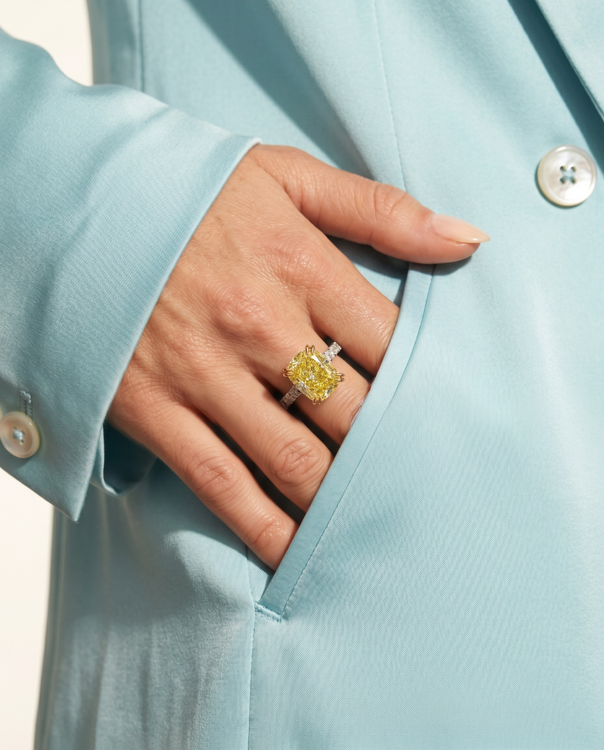 3 Carat Fancy Vivid Yellow Cushion Cut Two-Tone Pavé Diamond Ring — view 12