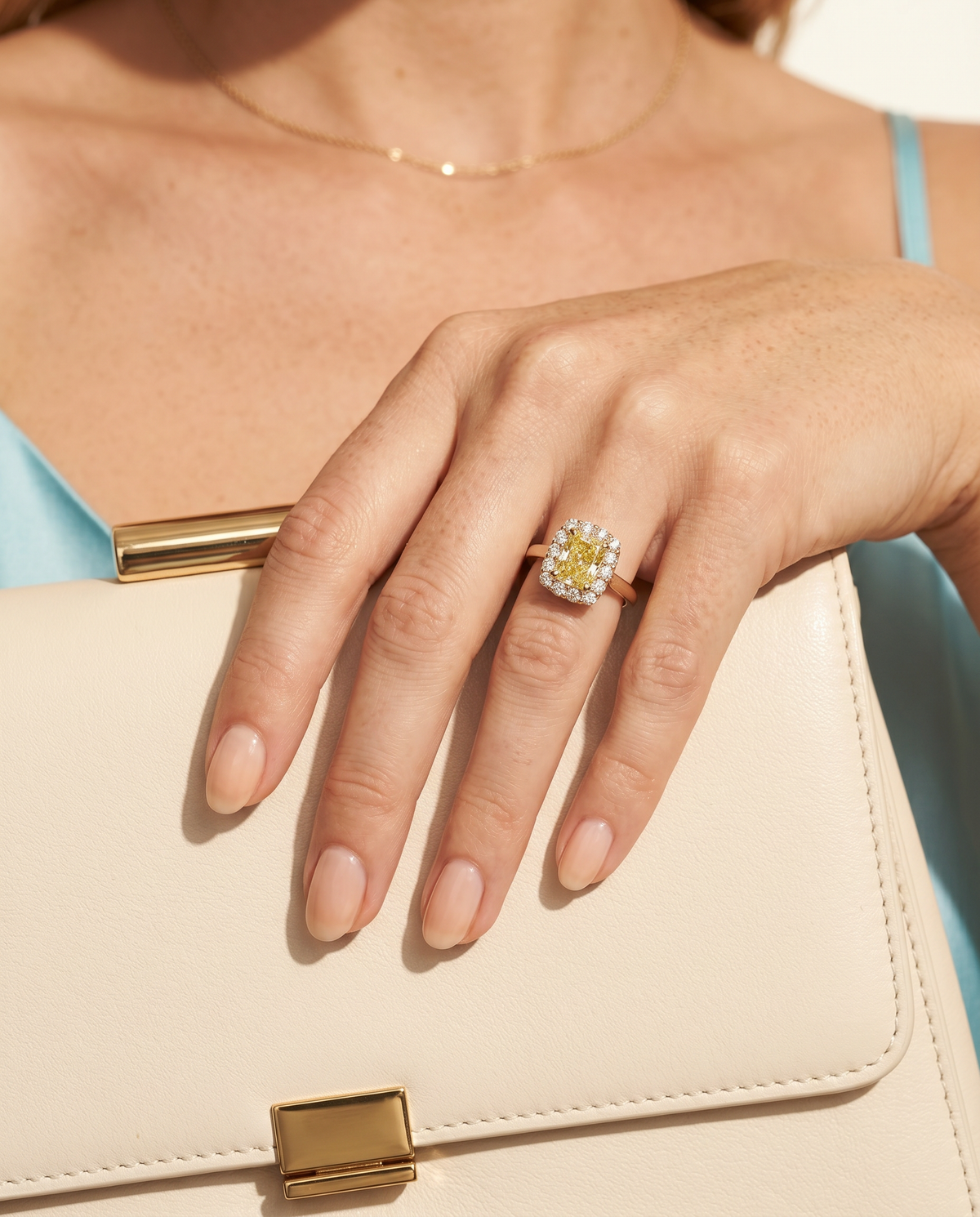 1 Carat Fancy Intense Yellow Radiant Cut Halo Yellow Gold Diamond Ring — view 16
