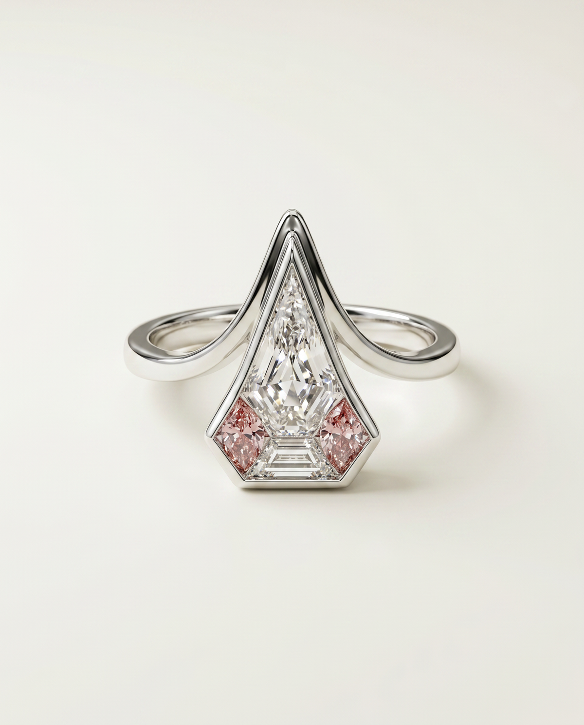 2 Carat Colorless Pentagonal Step Cut Pink Accent White Gold Diamond Ring — view 5