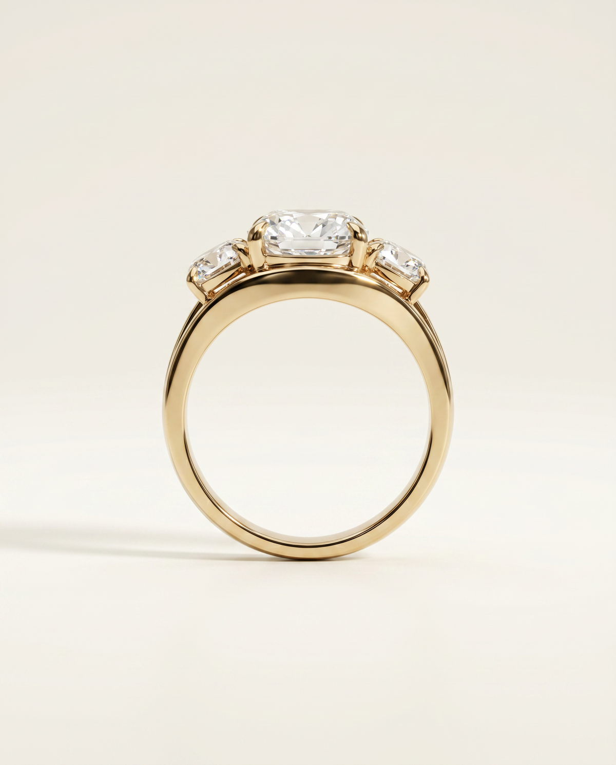 3 Carat Colorless Old Mine Cut Three-Stone Yellow Gold Diamond Ring — view 3