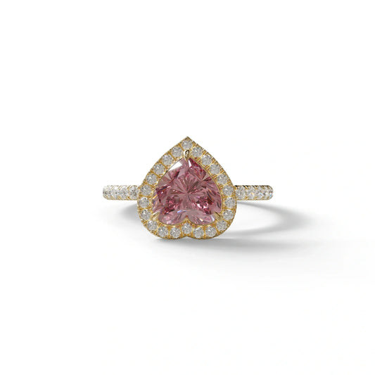 Pink Heart Cut Halo & Pavé Lab Grown Diamond Engagement Ring - Gelia - 2 Carat / 10K Solid Gold / Yellow Gold