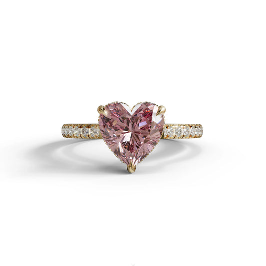 Pink Heart Diamond Engagement Ring – IGI Certified Lab Grown Diamond Pavé Setting - 10K Solid Gold / Yellow Gold