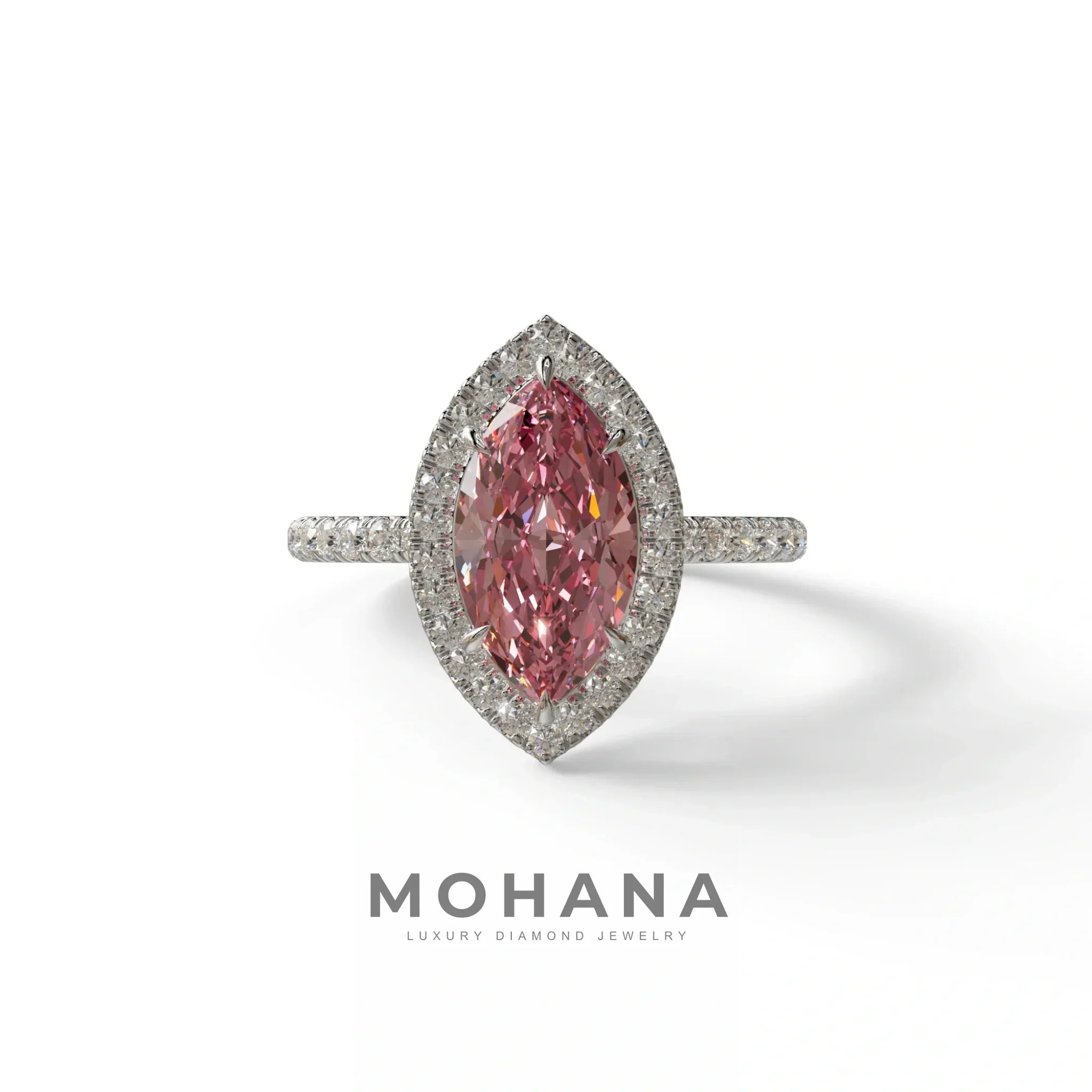 Pink Marquise Cut Halo & Pave Lab Grown Diamond Engagement Ring - Simplicity - 2 Carat / 10K Solid Gold / White Gold