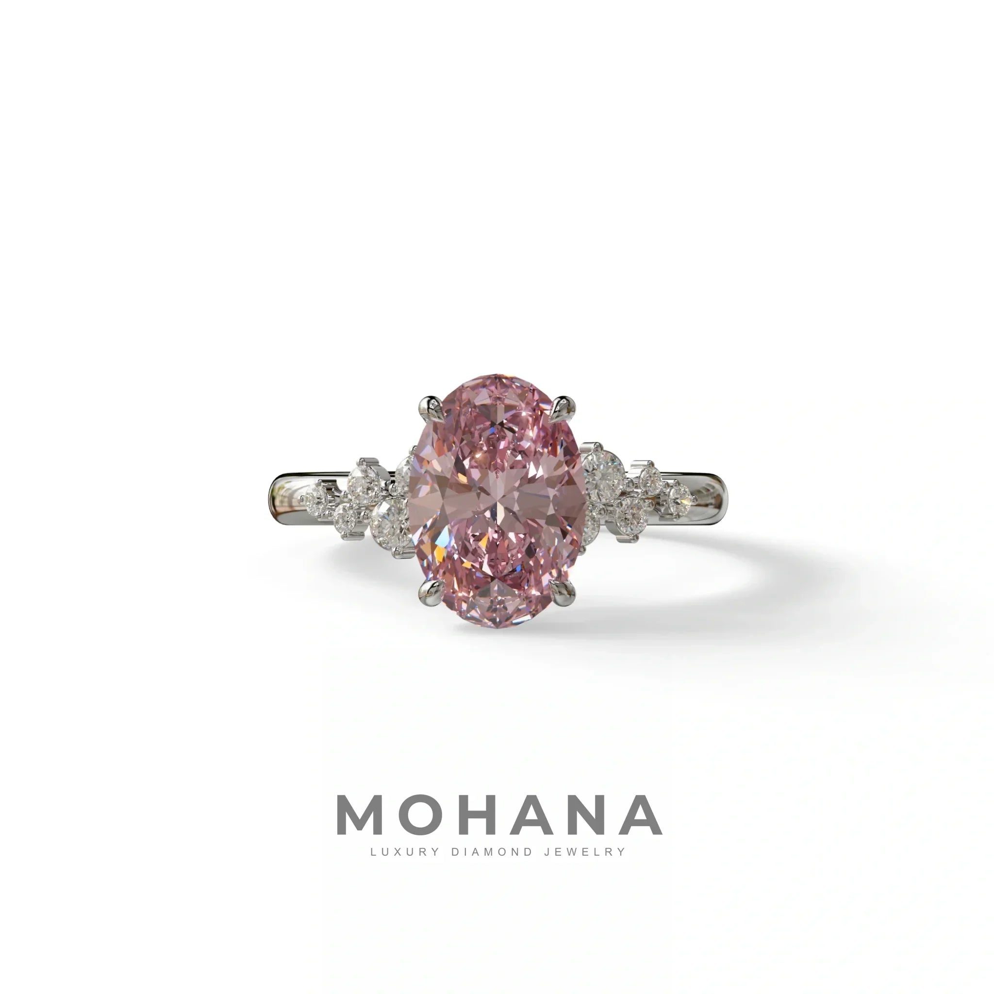 Pink Oval Cut Cluster-Vintage Setting Lab Grown Diamond Ring - Celeste Arc - 2 Carat / 10K Solid Gold / White Gold