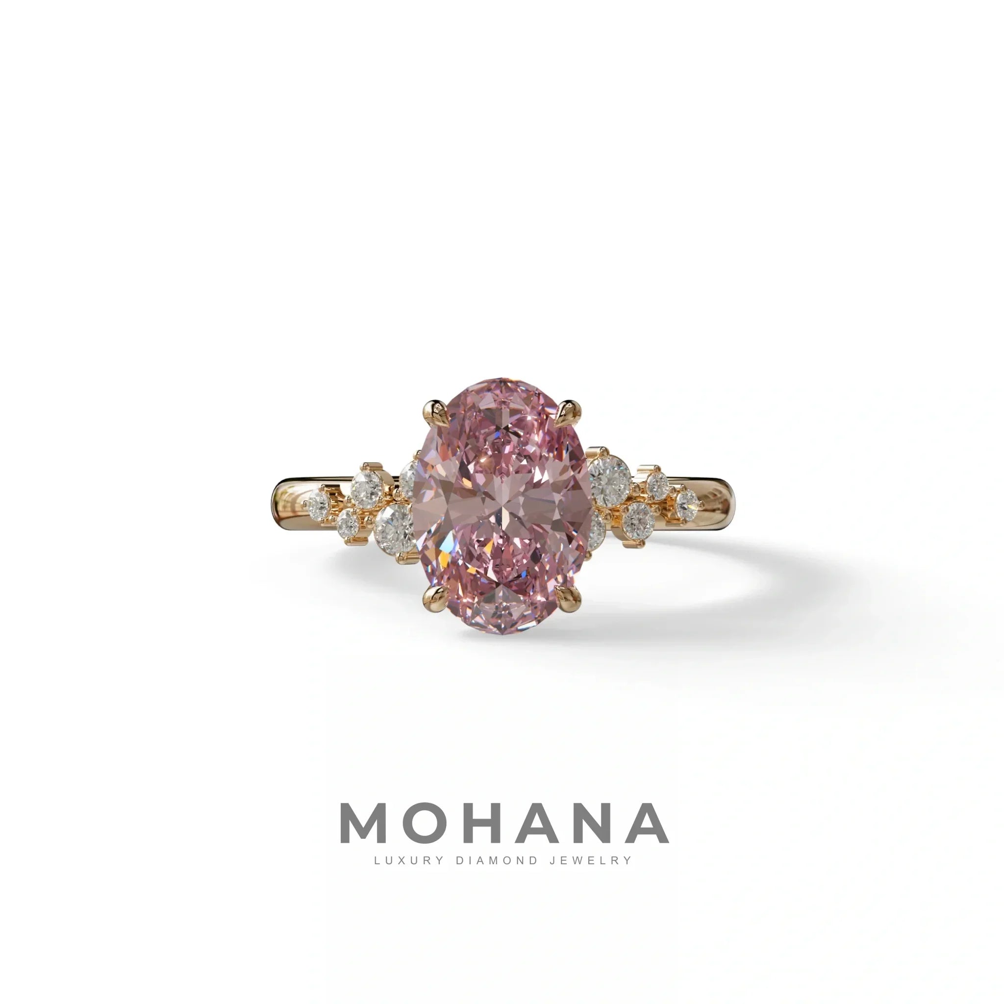 Pink Oval Cut Cluster-Vintage Setting Lab Grown Diamond Ring - Celeste Arc - 2 Carat / 10K Solid Gold / Rose Gold