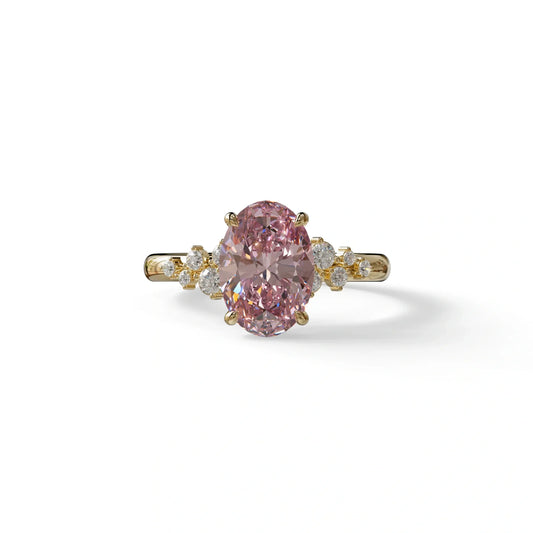 Pink Oval Cut Cluster-Vintage Setting Lab Grown Diamond Ring - Celeste Arc - 2 Carat / 10K Solid Gold / Yellow Gold