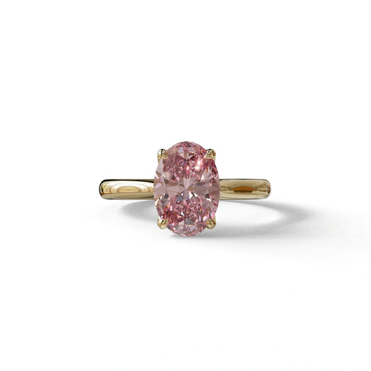 Pink Oval Cut Hidden Diamond Solitaire Lab Grown Diamond Ring - Secrecy - 2 Carat / 10K Solid Gold / Yellow Gold