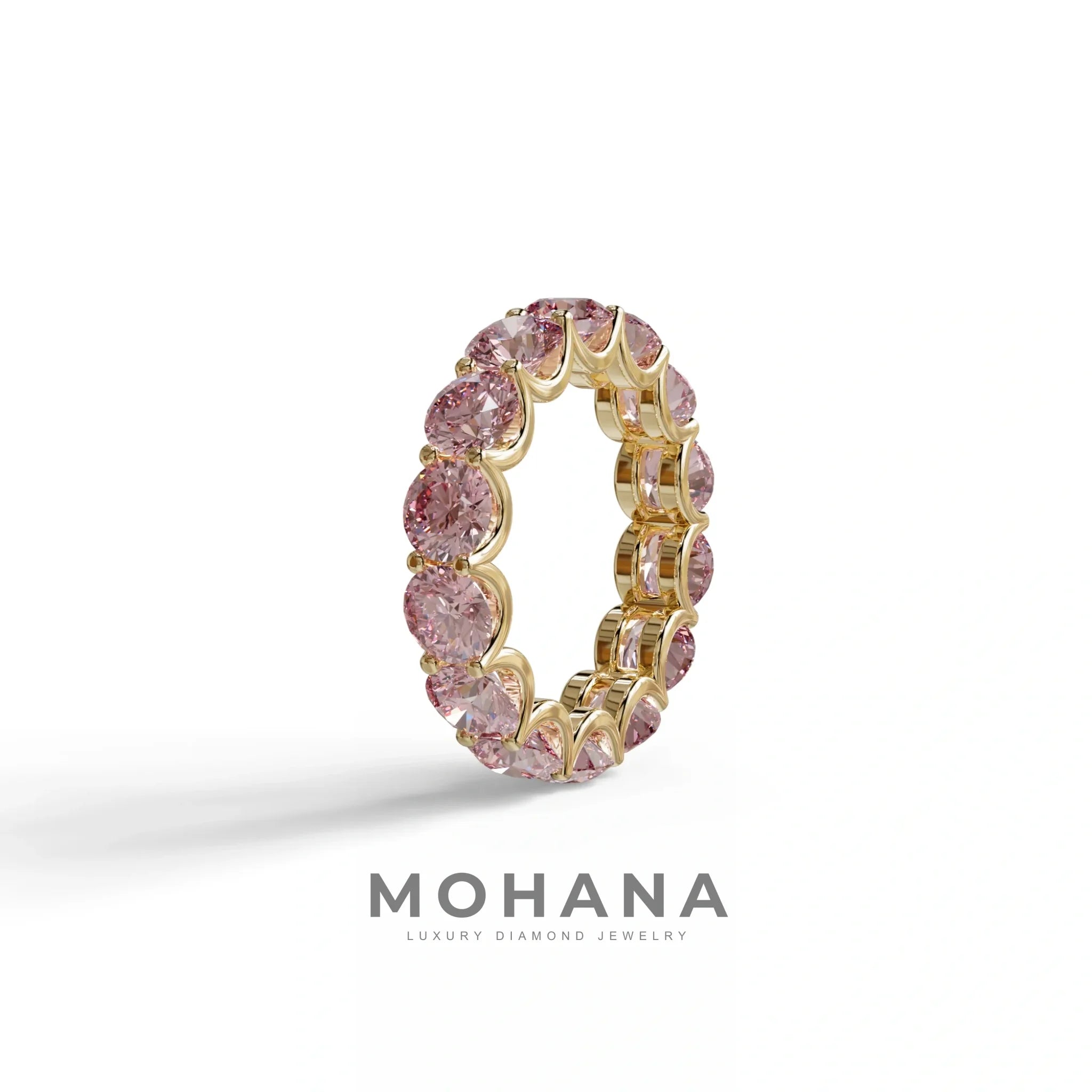 Pink Round Brilliant Diamond Full Eternity Band in 18k Yellow Gold – Scalloped U-Prong Setting