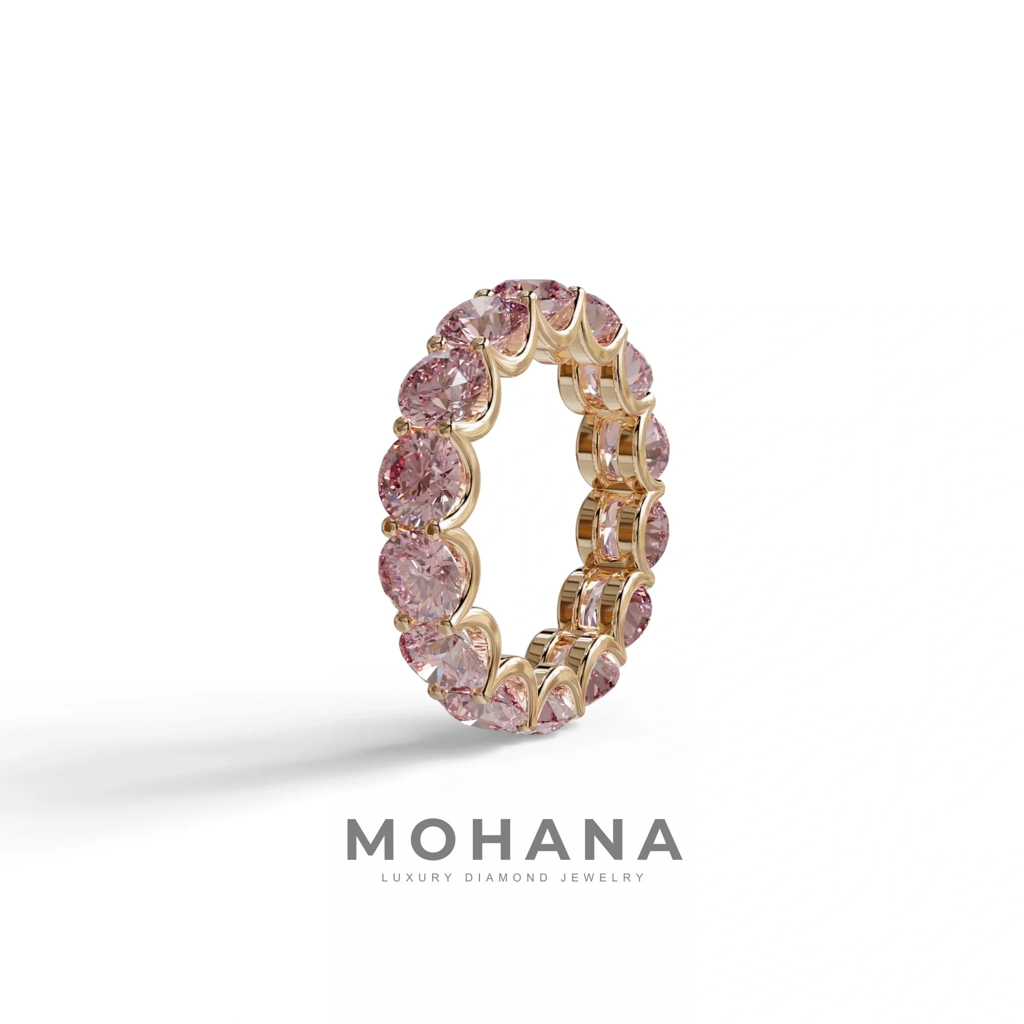 Pink Round Brilliant Diamond Full Eternity Band in 18k Yellow Gold – Scalloped U-Prong Setting