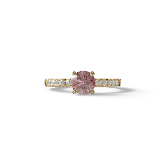 Pink Round Pave Set Minimalist Engagement Ring - Nova Signature - 1.5 Carat / 10K Solid Gold / Yellow Gold