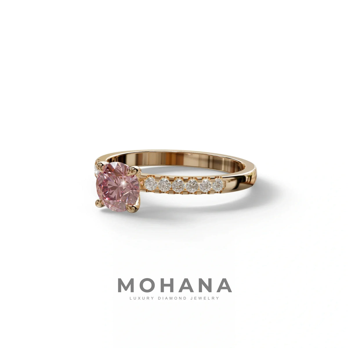 Pink Round Pave Set Minimalist Engagement Ring - Nova Signature