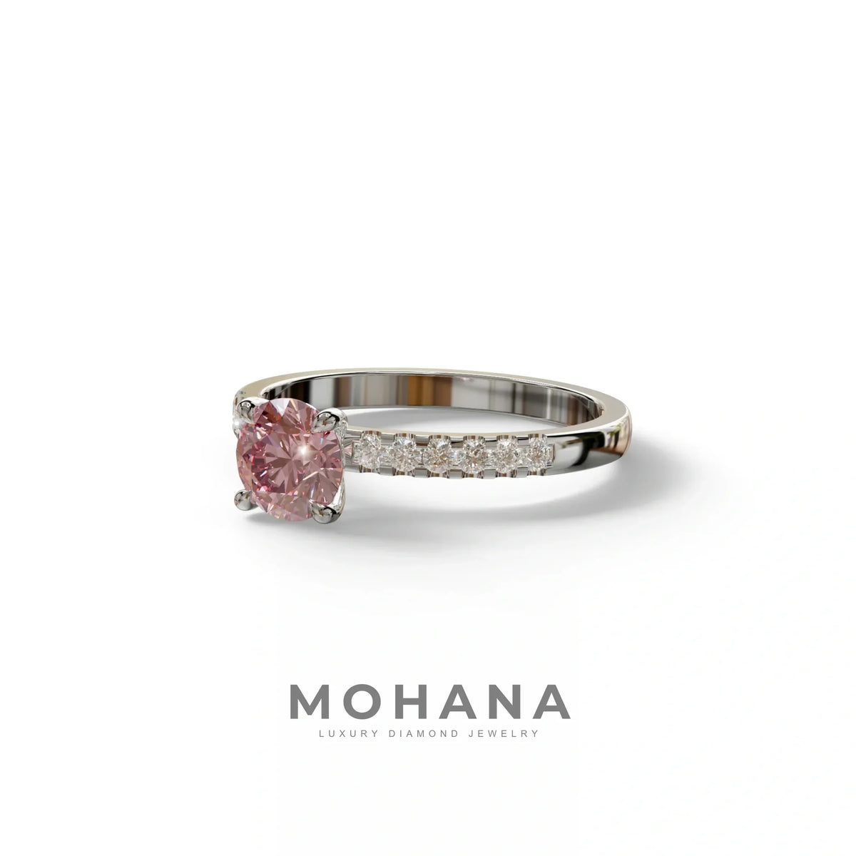 Pink Round Pave Set Minimalist Engagement Ring - Nova Signature