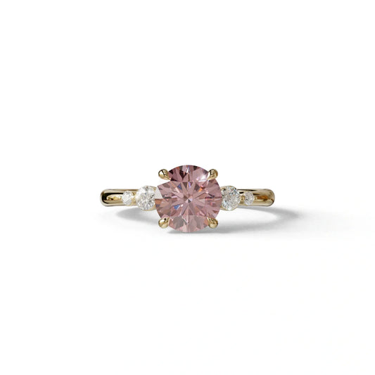 Pink Round Three Stone Lab Grown Diamond Engagement Ring - Romance - 2 Carat / 10K Solid Gold / Yellow Gold