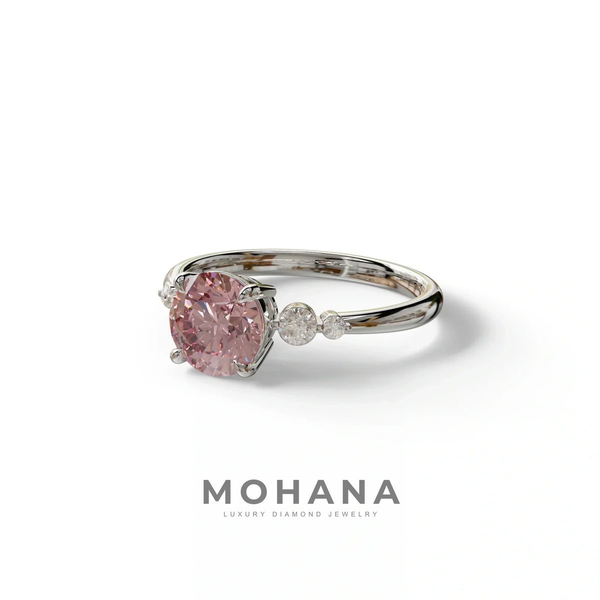 Pink Round Three Stone Lab Grown Diamond Engagement Ring - Romance