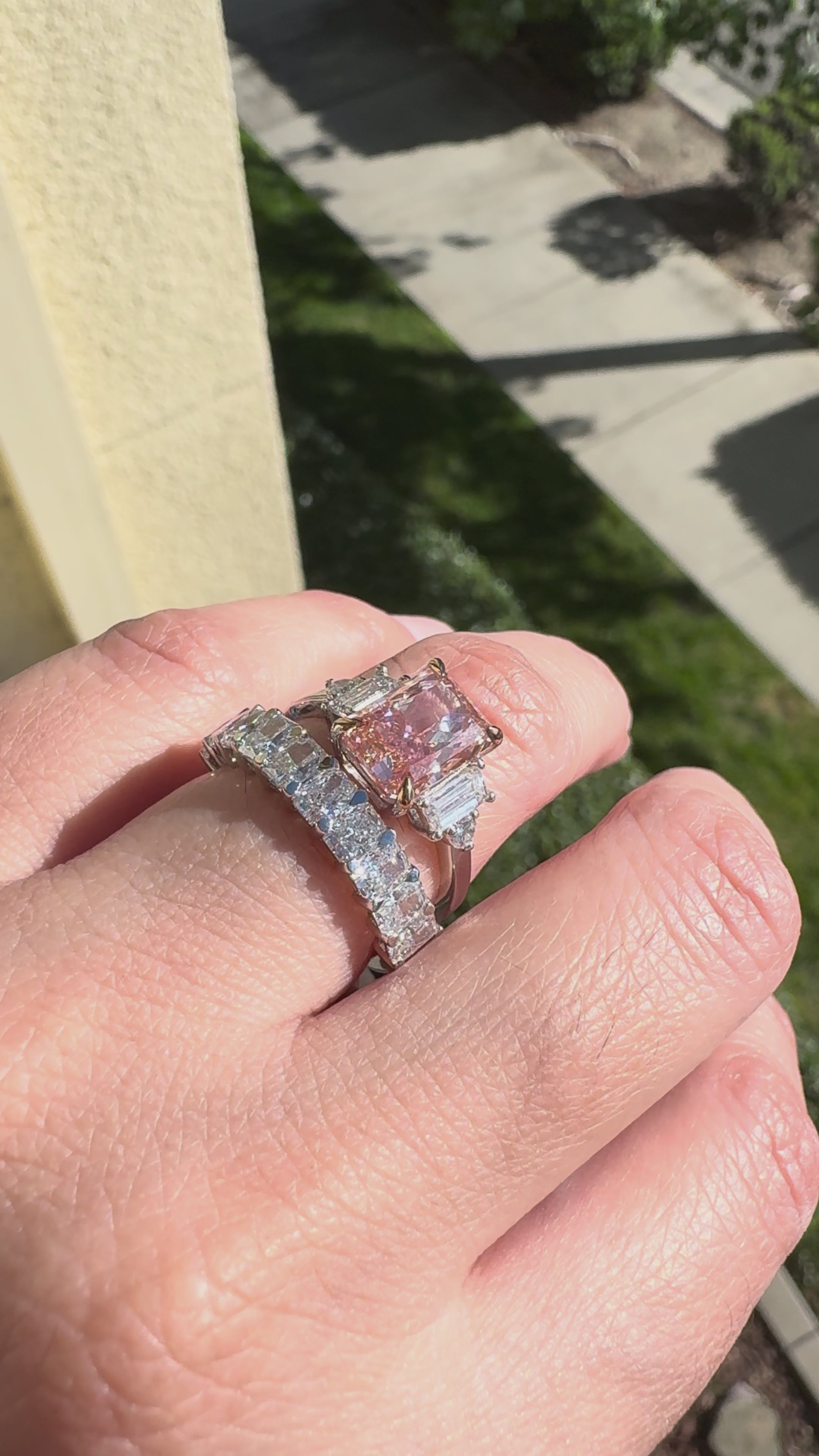 3.1 Carat Pink Lab Grown Diamond Engagement Ring – Radiant Cut Three Stone | Flint