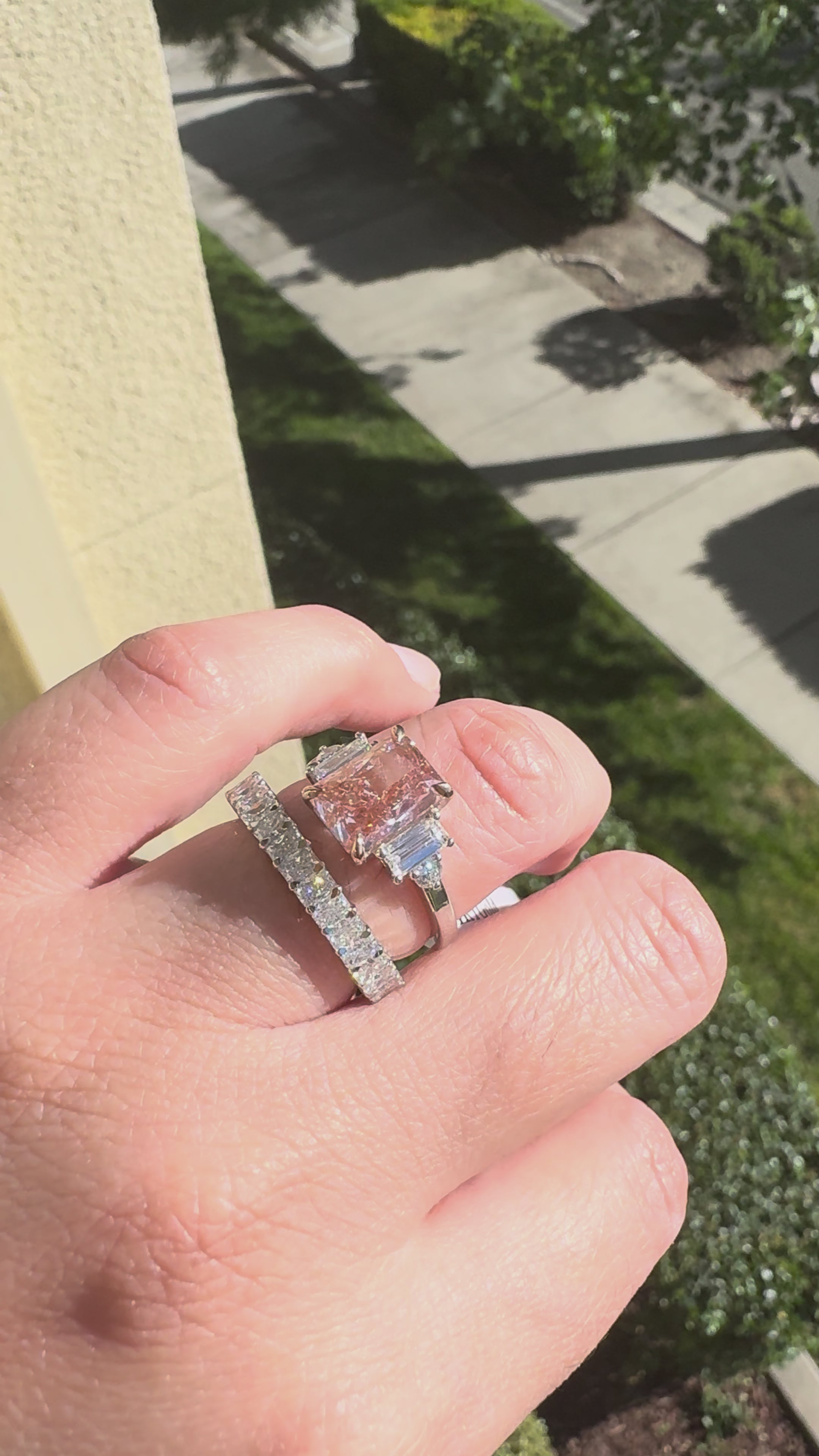 3.1 Carat Pink Lab Grown Diamond Engagement Ring – Radiant Cut Three Stone | Flint