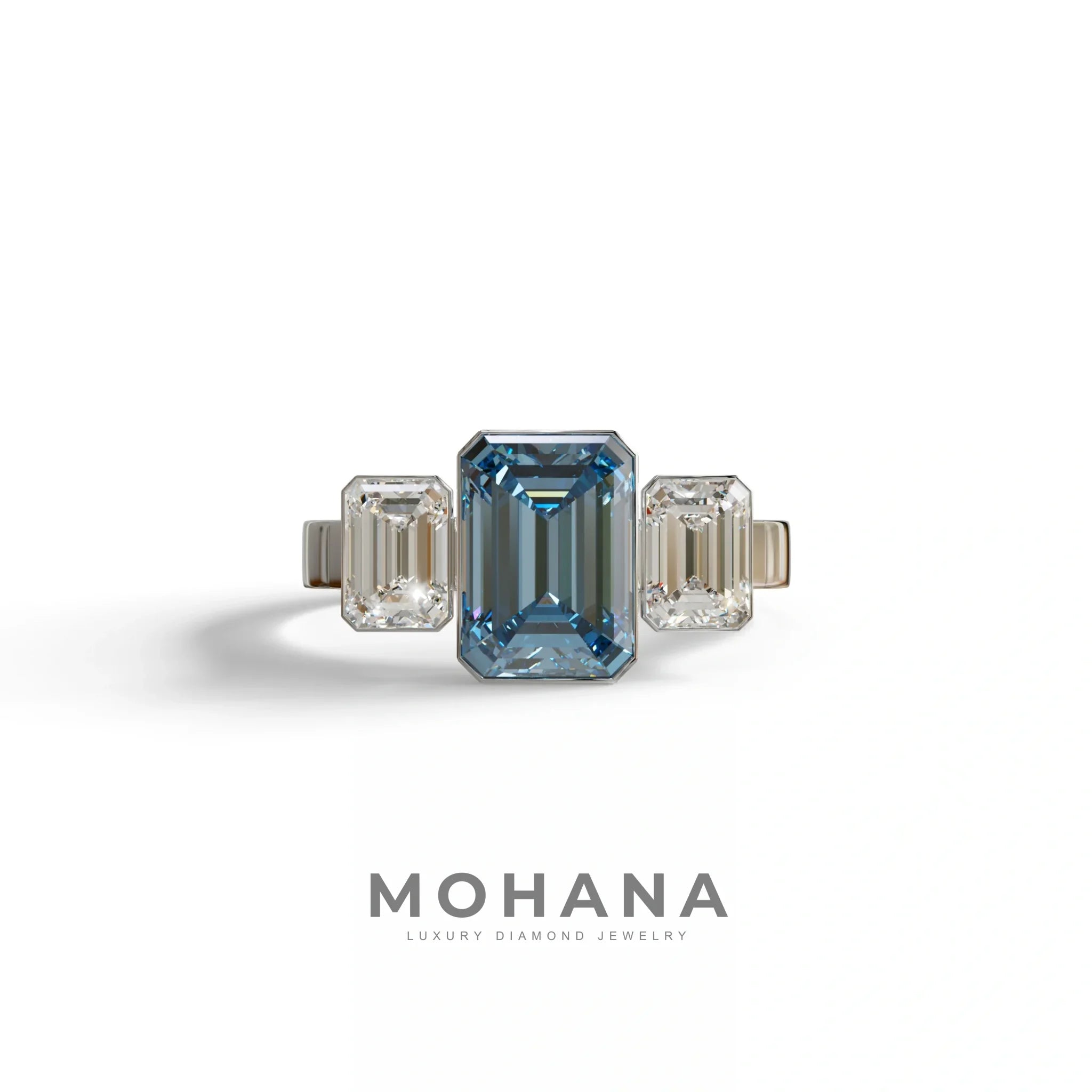 Three Stone 3 Carat Blue Lab Grown Diamond Engagement Ring - Elaris - 10K Solid Gold / White Gold