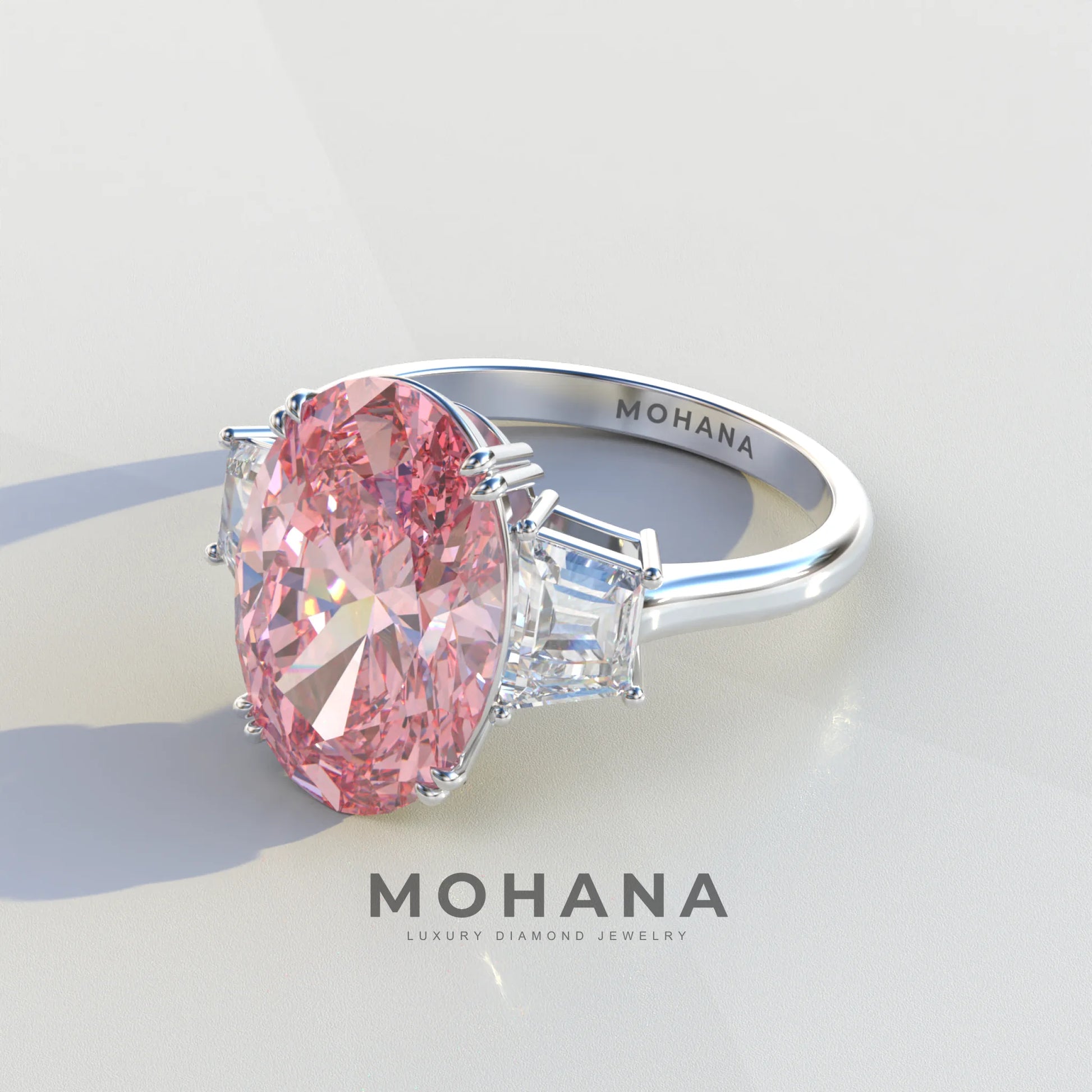 Three Stone 4 Carat Pink Oval Cut lab Diamond Engagement Ring - Lucy