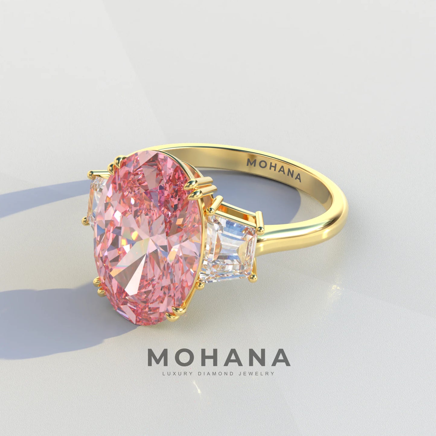 Three Stone 4 Carat Pink Oval Cut lab Diamond Engagement Ring - Lucy