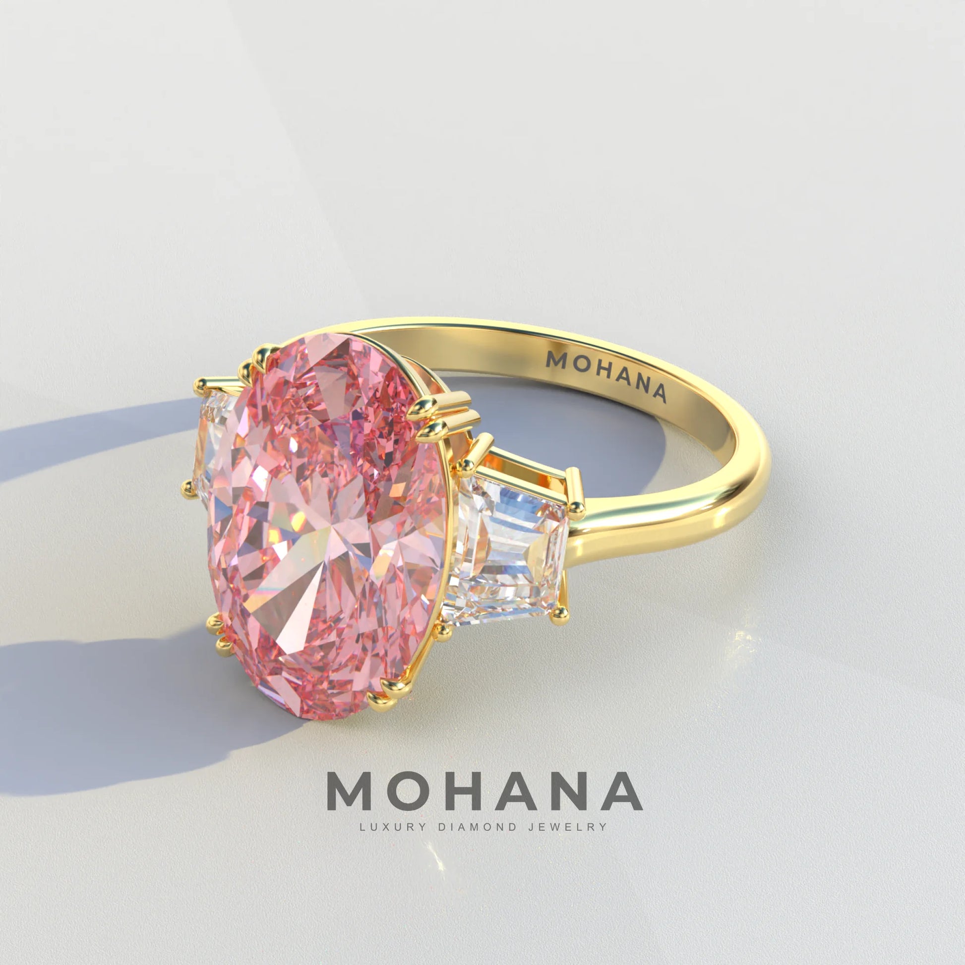 Three Stone 4 Carat Pink Oval Cut lab Diamond Engagement Ring - Lucy