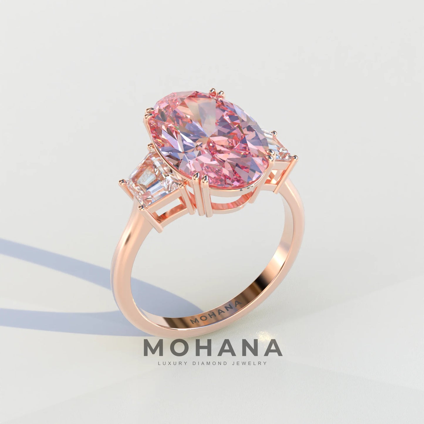Three Stone 4 Carat Pink Oval Cut lab Diamond Engagement Ring - Lucy