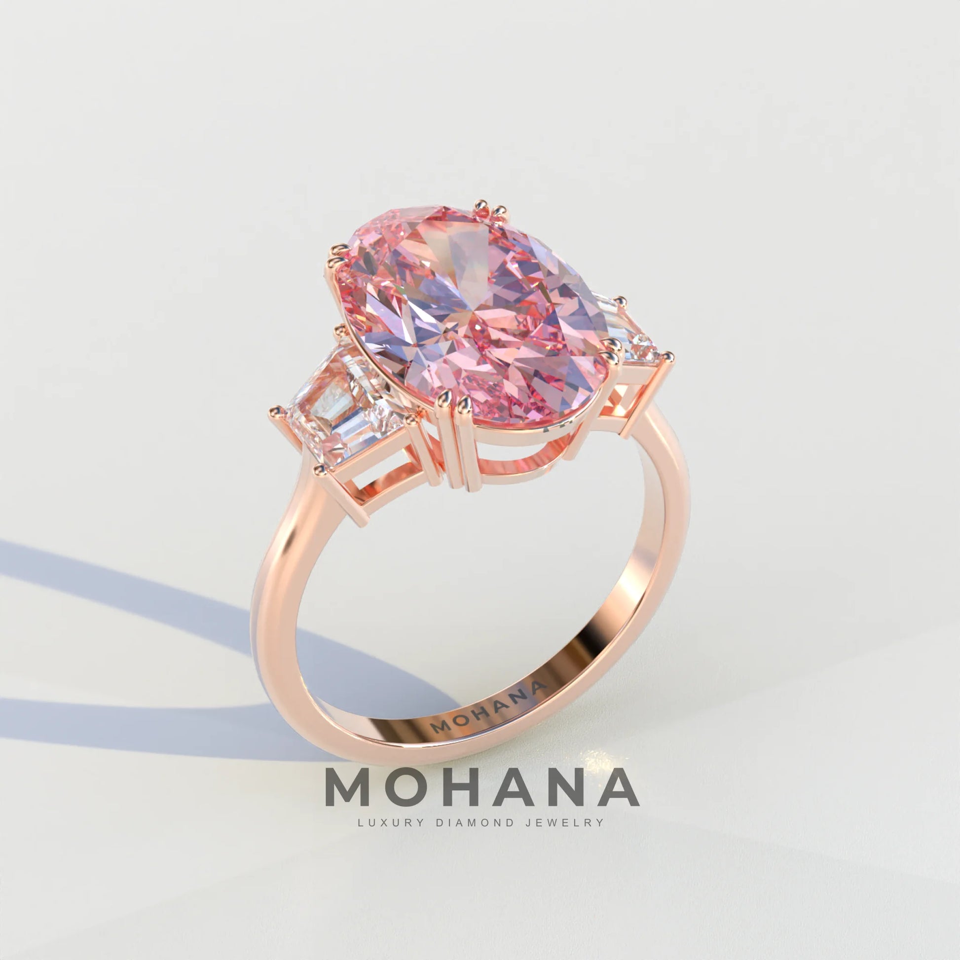 Three Stone 4 Carat Pink Oval Cut lab Diamond Engagement Ring - Lucy
