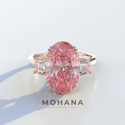 Three Stone 4 Carat Pink Oval Cut lab Diamond Engagement Ring - Lucy - 10K Solid Gold / Rose Gold