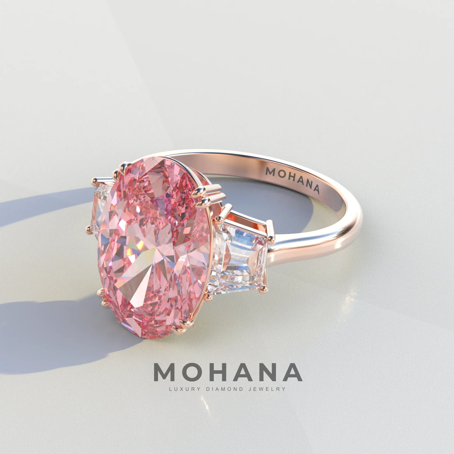 Three Stone 4 Carat Pink Oval Cut lab Diamond Engagement Ring - Lucy