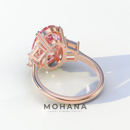 Three Stone 4 Carat Pink Oval Cut lab Diamond Engagement Ring - Lucy