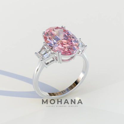Three Stone 4 Carat Pink Oval Cut lab Diamond Engagement Ring - Lucy
