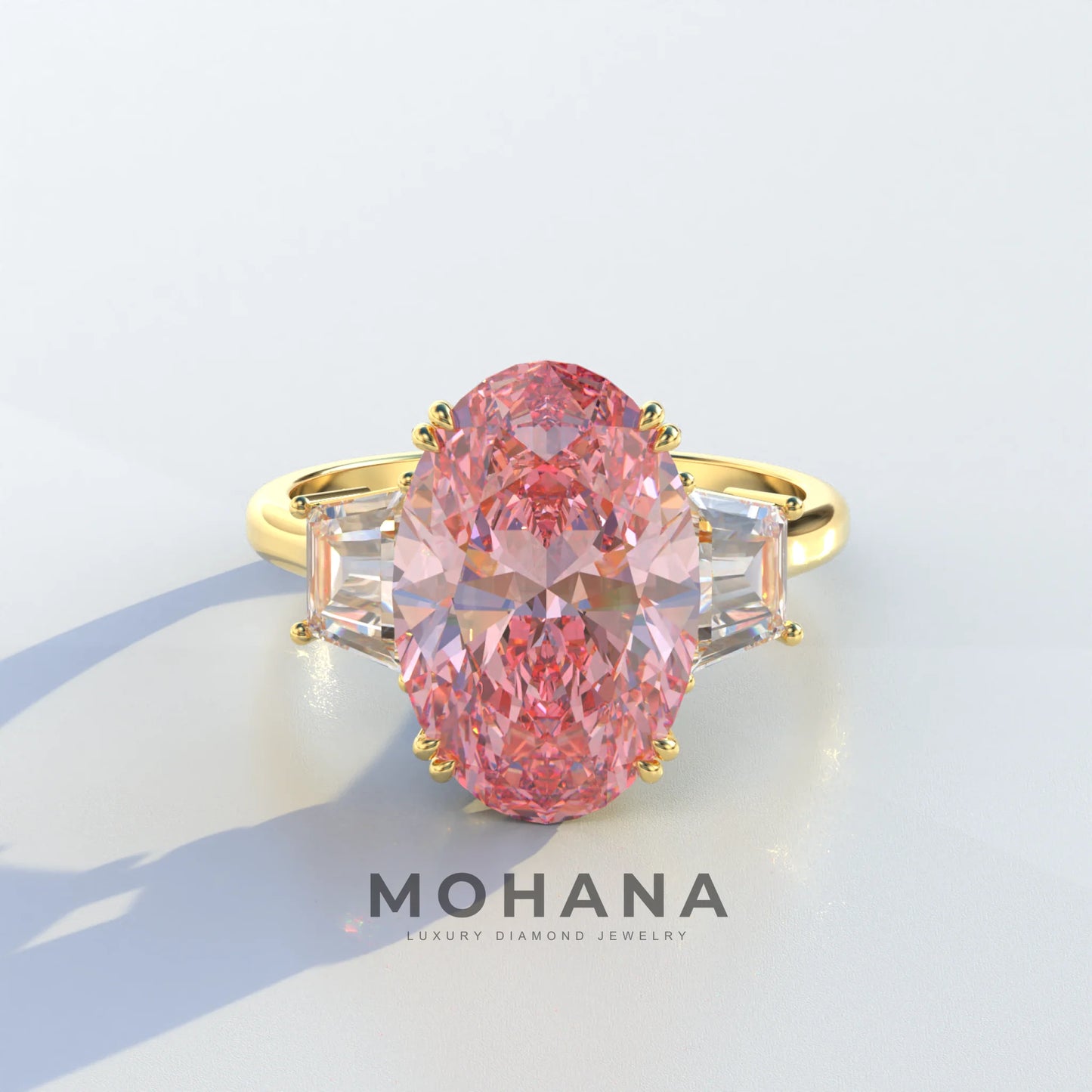 Three Stone 4 Carat Pink Oval Cut lab Diamond Engagement Ring - Lucy - 10K Solid Gold / Yellow Gold