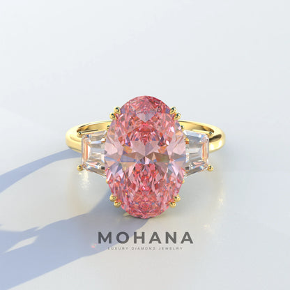Three Stone 4 Carat Pink Oval Cut lab Diamond Engagement Ring - Lucy - 10K Solid Gold / Yellow Gold